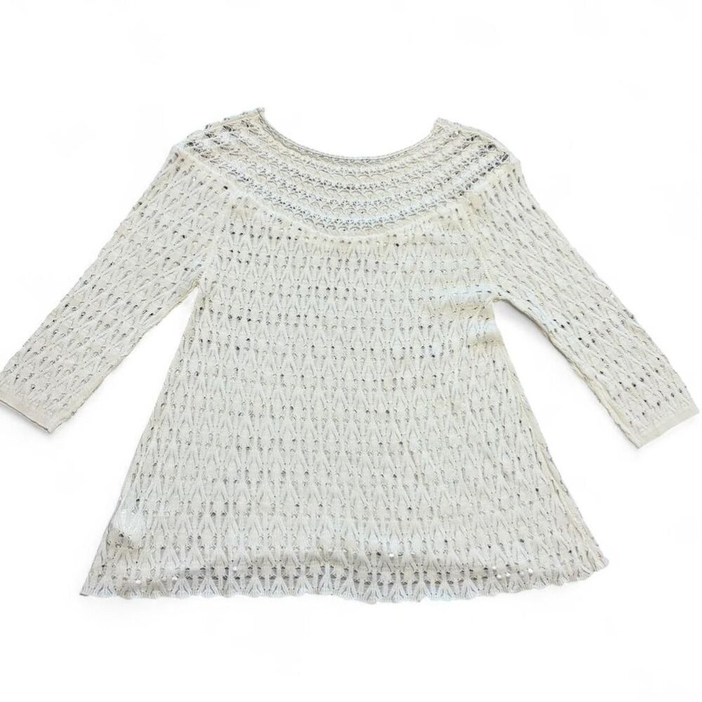 Missy y2k White Crochet‎ Top 3/4 Sleeve Boho Knit Blouse Medium
